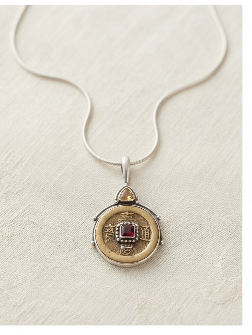 Sajen 925 Sterling Silver Asian Coin Pendant Necklace Garnet Citrine Gemstone